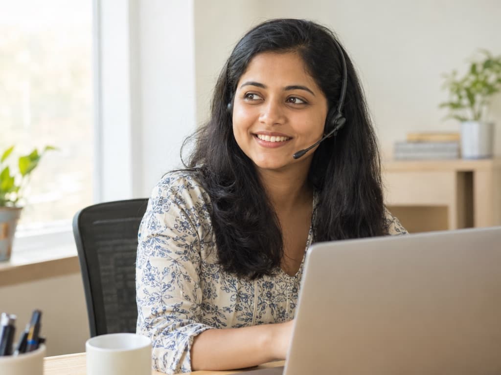 A Brandbasket support team member wearing a headset at her desk